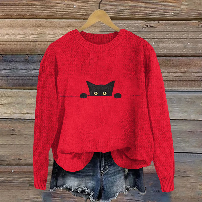 Women's Black Cat Print Crew Neck Casual Sweater - Red - XL - image 3