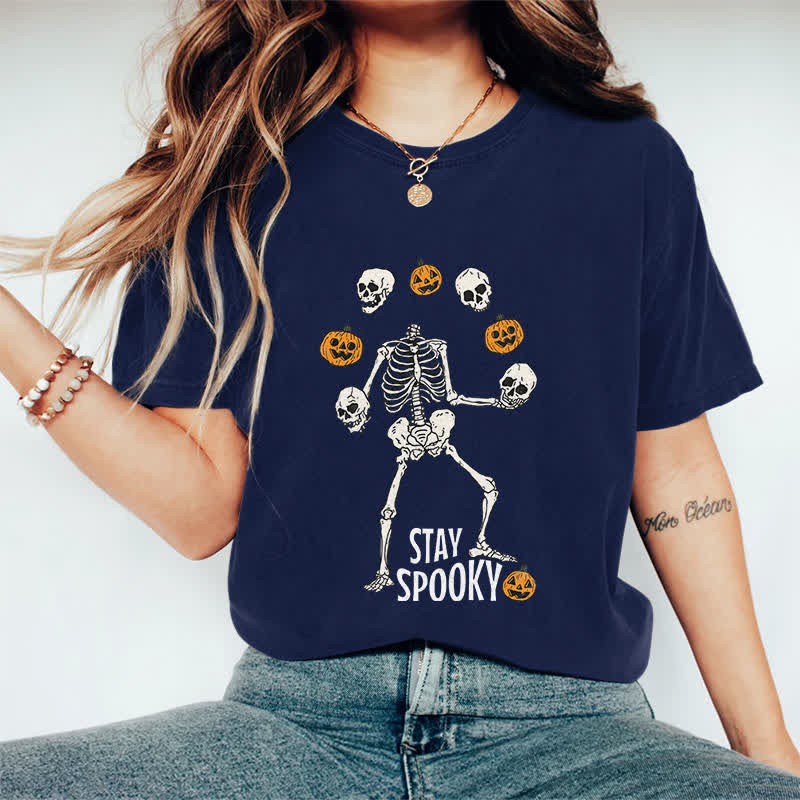 100% Cotton Women's Halloween Funny Stay Spooky Art Print Casual T-shirt - Navy Blue - 2XL - image 8