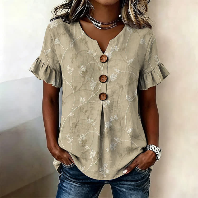 Vintage Twining Plants Texture Pattern Print Button Short Ruffle Sleeves V-neck Blouse - Khaki - US32-34(5XL) - image 3