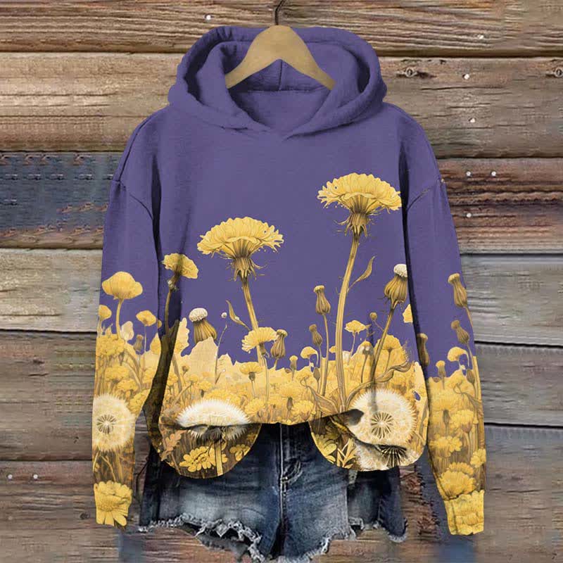 Japanese Vintage Sunflower & Dandelion Art Print Long Sleeve Hoodie - Purple - US44-46(8XL) - image 4