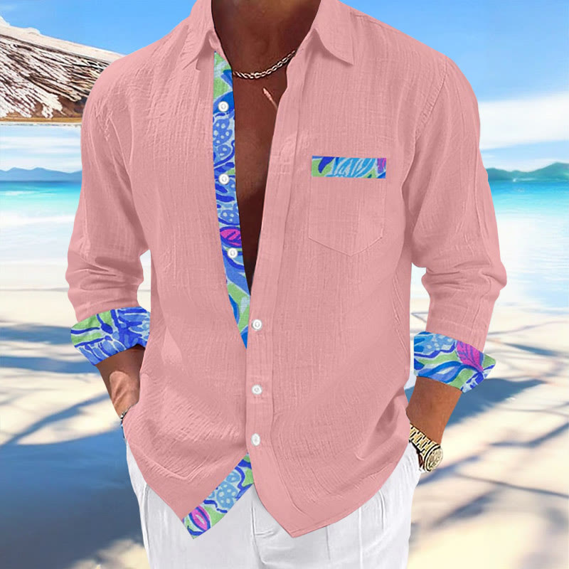 Men's Hawaiian Print Fashionable Resort Casual Pocket Long Sleeve Shirt - Pink - 5XL - image 5