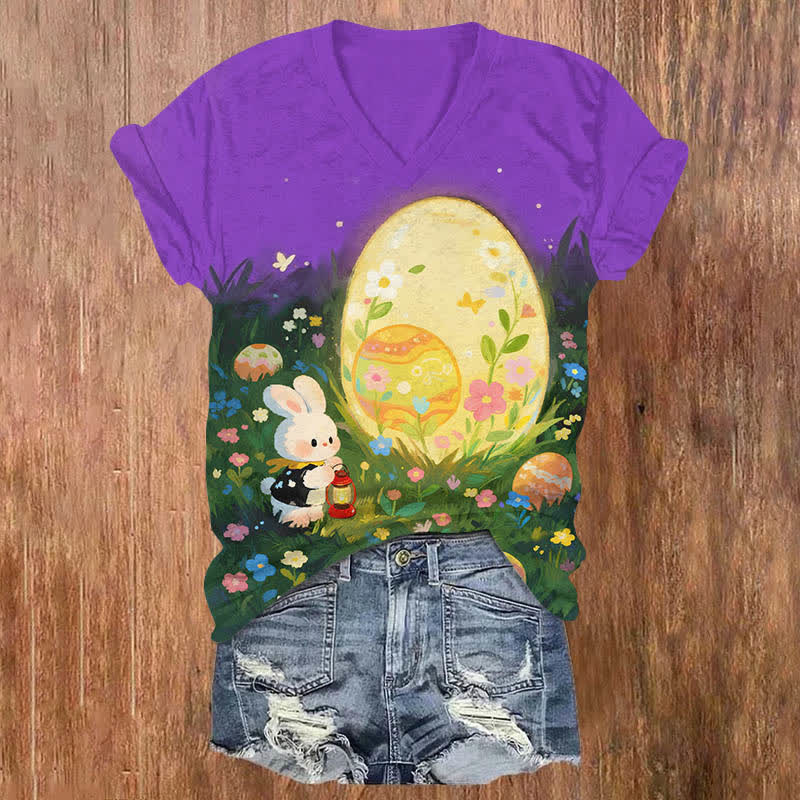 Oil Painting Floral Bunny Holding Lantern & Big Easter Egg Art Print V-neck T-shirt - Purple - US32-34(5XL) - image 4