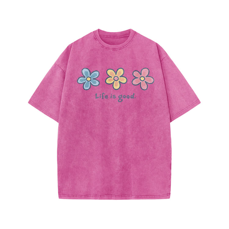 Sunny Bloom Life Is Good Print Acid Washed T-shirt - Pink - US20-22(3XL) - image 9