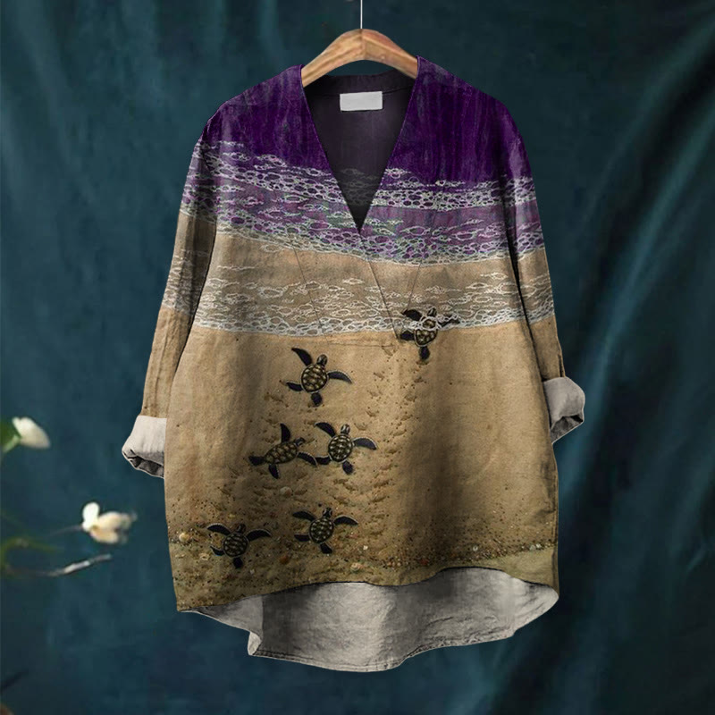 Baby Sea Turtles Beach Fiber Art Print Casual V-neck Blouse - image 10