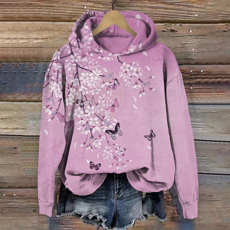 Japanese Cherry Blossom & Butterfly Art Print Long Sleeve Hoodie - Purple - US44-46(8XL) - image 2