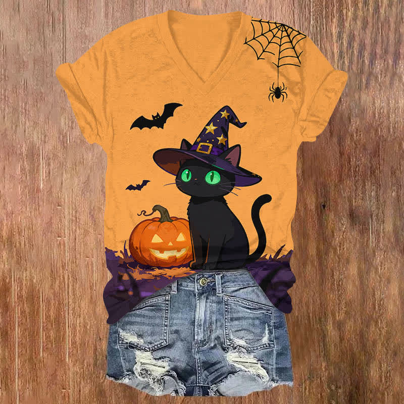 Halloween Wizard Black Cat & Pumpkin Print V-neck T-shirt - Orange - US32-34(5XL) - image 6