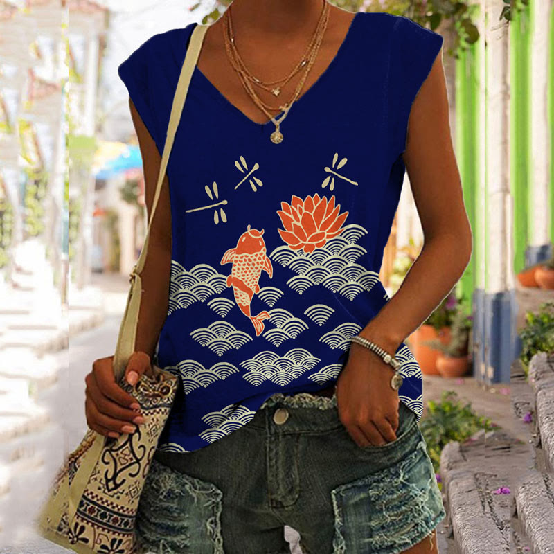 Japanese Style Koi Fish Dragonfly Wave Art Print V-neck Tank Top