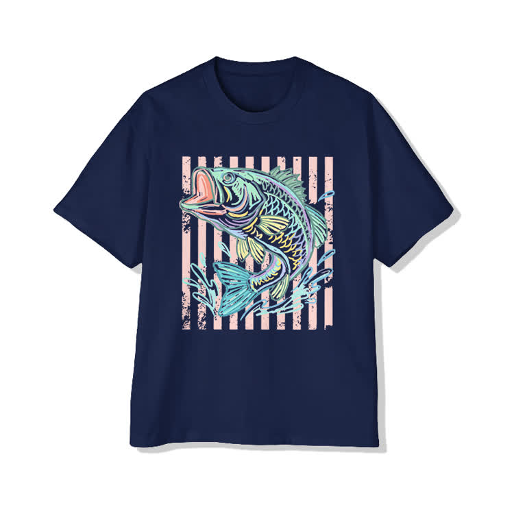 Unisex Vintage Bass Fish Pattern Cotton Print T-Shirt - Blue - US20-22(3XL) - image 10