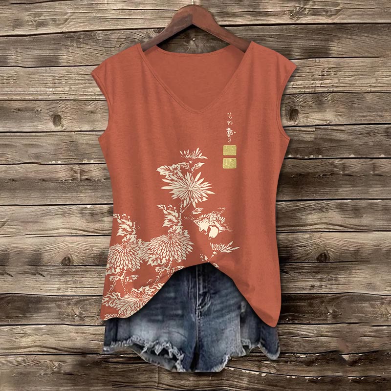 Vintage Chrysanthemum Print V-neck Tank Top - Orange - 5XL - image 3