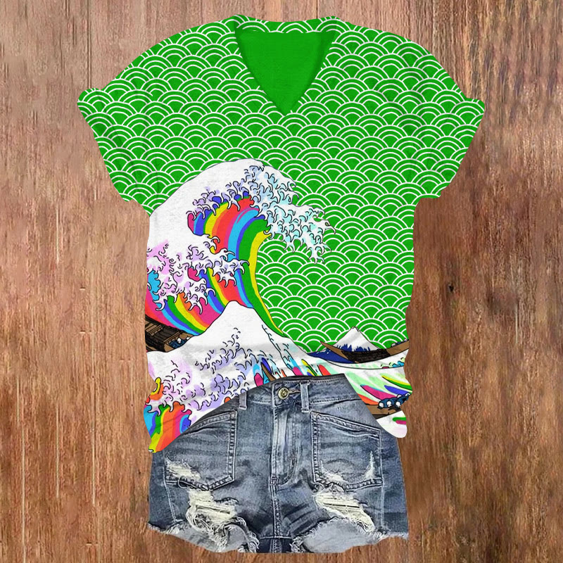 Japanese Style Rainbow Waves Print V-neck Short Sleeve T-shirt - Green - US32-34(5XL) - image 3