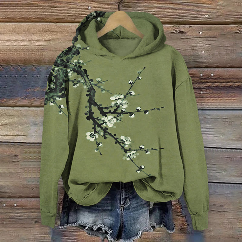 Japanese Ink Plum Blossom Art Print Long Sleeve Hoodie - Green - US44-46(8XL) - image 3