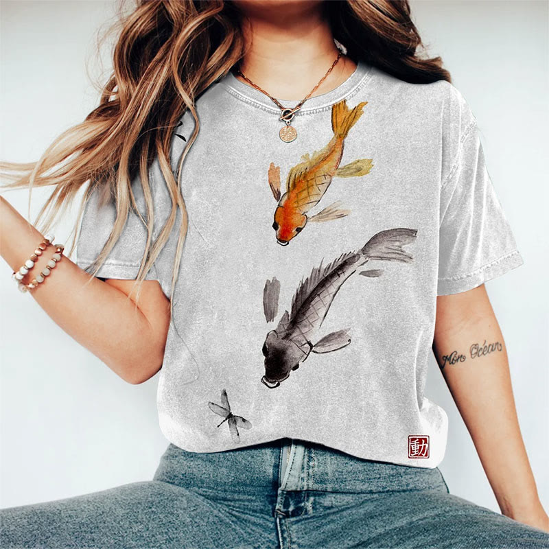 Women's Japanese Watercolor Koi And Dragonfly Art Print Crew Neck T-shirt - White - 8XL - image 2