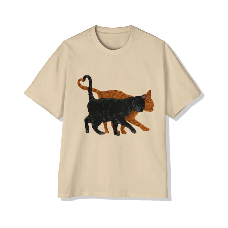 Unisex Black And Orange Cat Love Print Short Sleeved Crew Neck T-Shirt - Apricot - 2XL - image 4