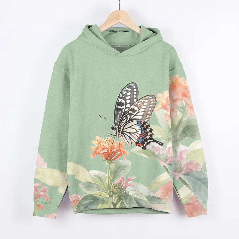 Watercolor Butterfly & Flowers Art Print Long Sleeve Hoodie - Green - US44-46(8XL) - image 5