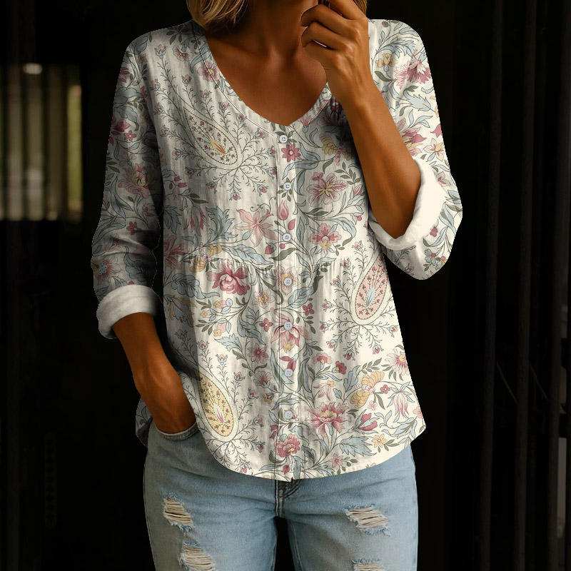 Vintage Floral Pattern Print Button V-neck A-line Long Sleeve Blouse - Beige - 4XL - image 1
