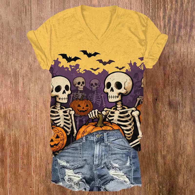 Halloween Skeleton Man Holding Pumpkin Print V-neck T-shirt - Orange - US32-34(5XL) - image 6