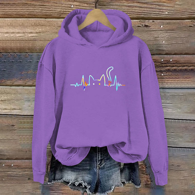 Rainbow ECG Cat Print Long Sleeve Hoodie - Purple - 8XL - image 6
