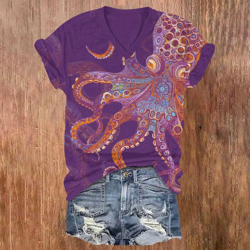 Unique Exquisite Octopus Pattern Print V-neck T-shirt - Purple - US32-34(5XL) - image 2