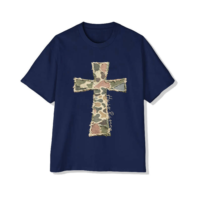 Christian He Is Risen Camouflage Cross Print Pattern Cotton Print T-shirt - Navy Blue - US16-18(2XL) - image 3