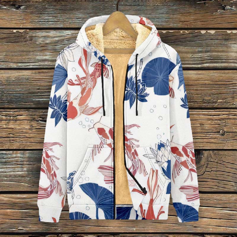 Women's Lovely Vivid Goldfish ＆ Lotus Art Print Fleece Jacket - image 2