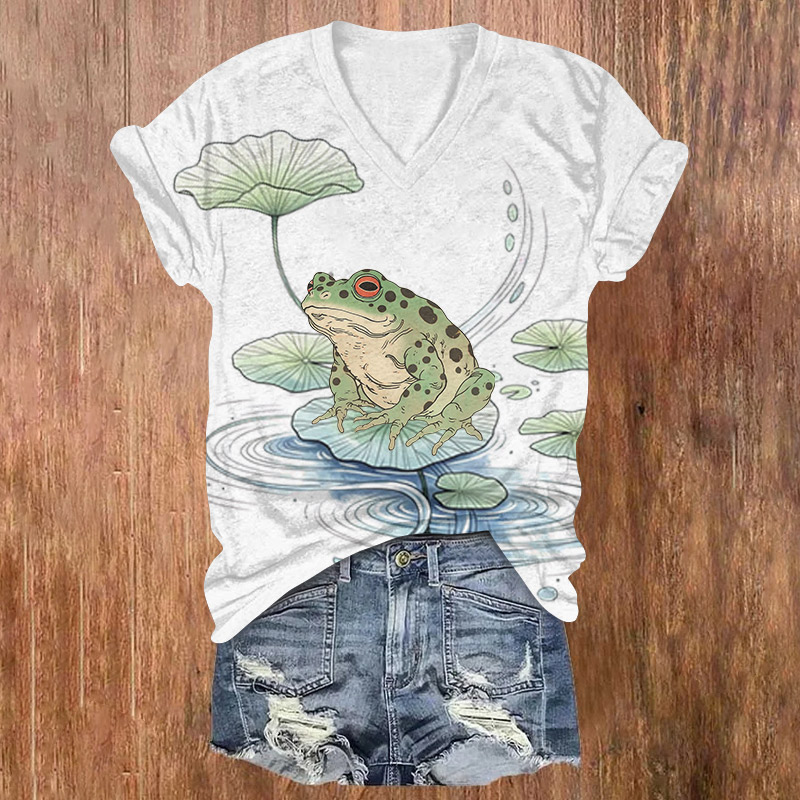 A Japanese-style Frog Standing On A Lotus Leaf Printed Short Sleeved V-neck T-shirt - Light Gray - US32-34(5XL) - image 1