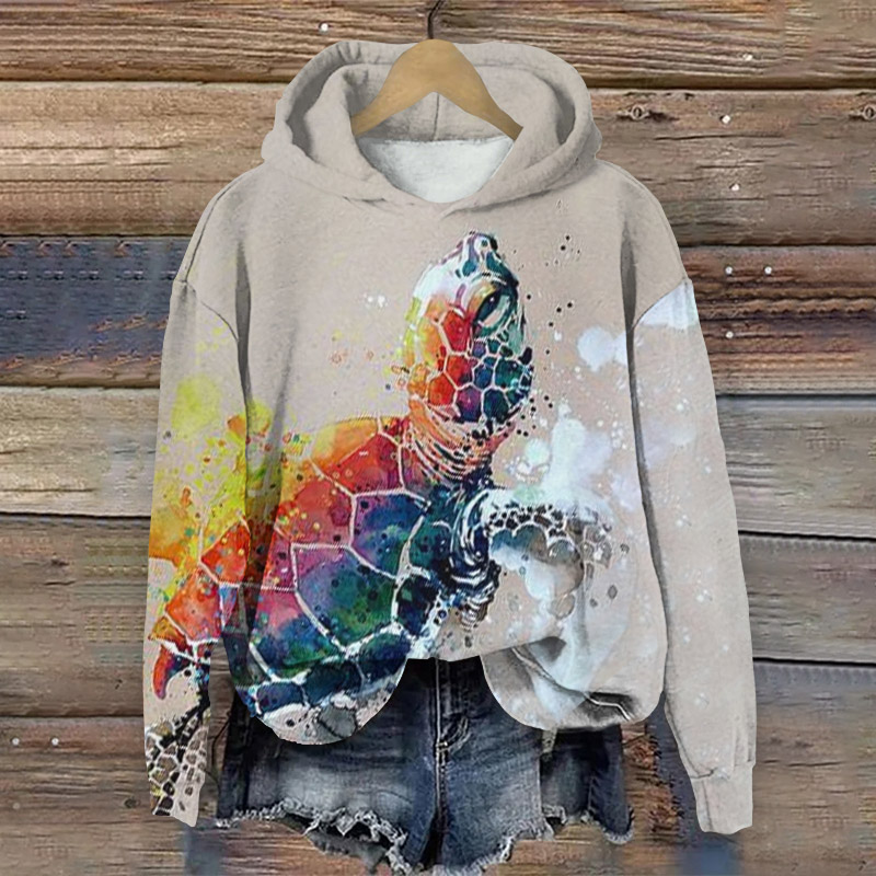Colorful Turtle Art Print Long Sleeve Hoodie - Apricot - 8XL - image 1
