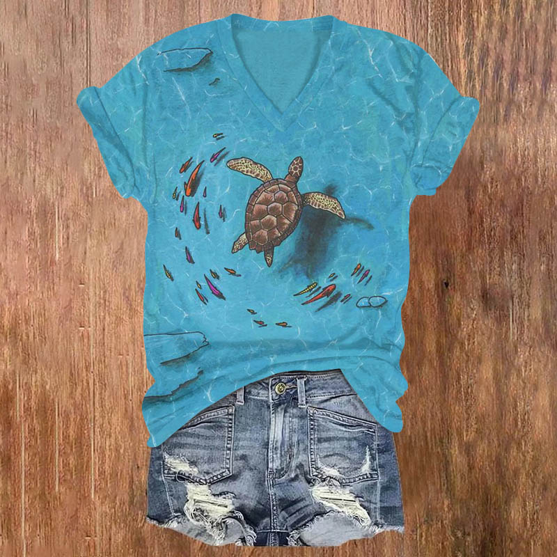 Retro turtle and fish art print T-Shirt - Blue - 5XL - image 1