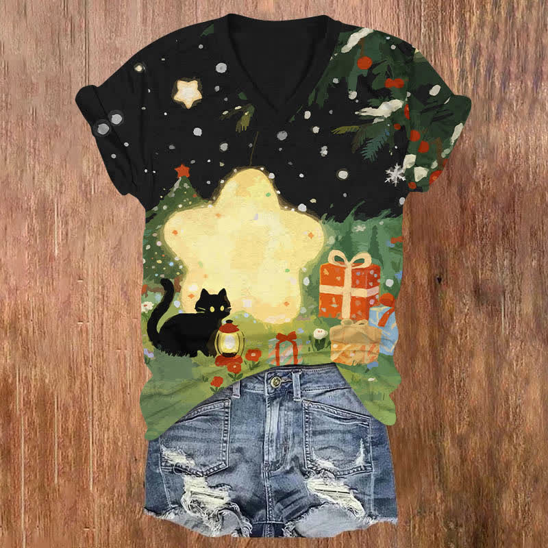 Oil Painting Black Cat Starry Christmas Gift Art Print V-neck T-shirt - Black - US32-34(5XL) - image 3