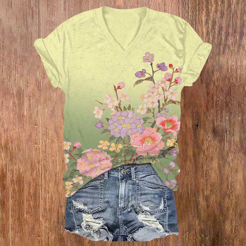 Japanese Flowers Competing For Beauty Art Print V-neck T-shirt - Green - US32-34(5XL) - image 2