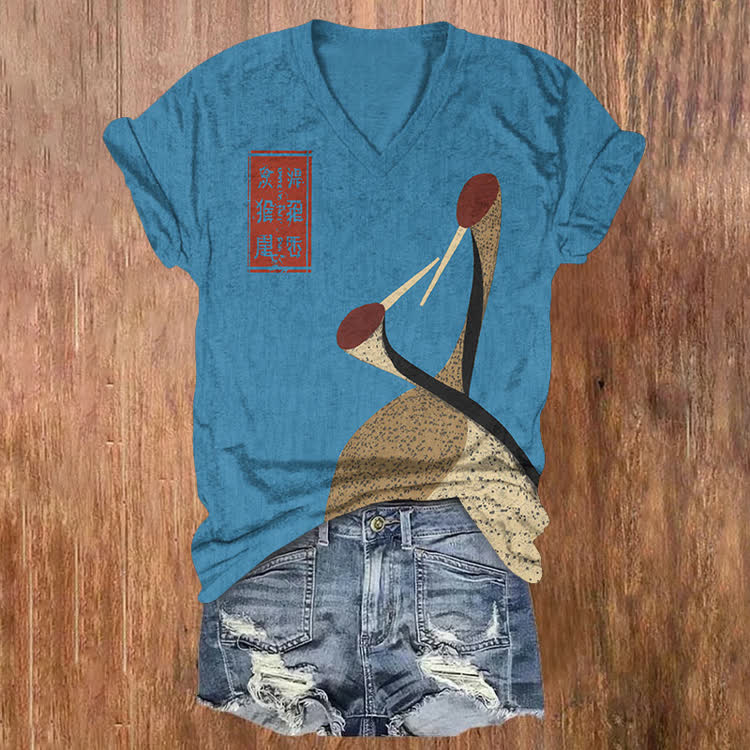 Vintage Japanese Two Red-Crowned Cranes Pattern Print Short Sleeved V-Neck T-Shirt - Lake Blue - US32-34(5XL) - image 6