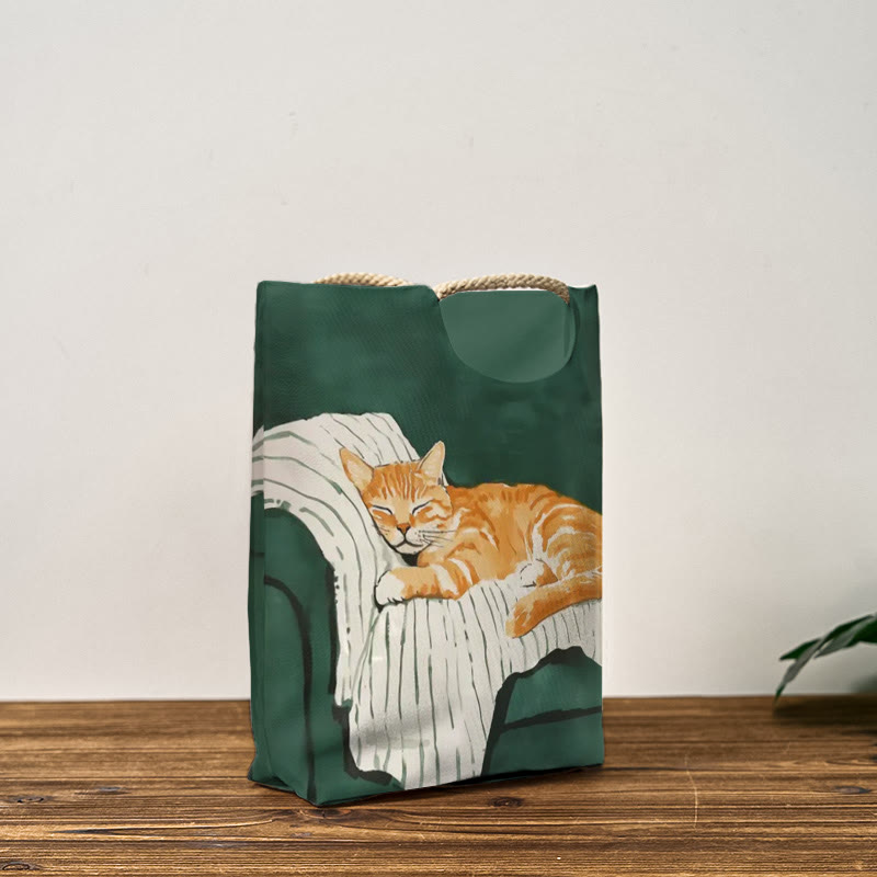 Cute Sleeping Cat Print Woven Handbag - image 3