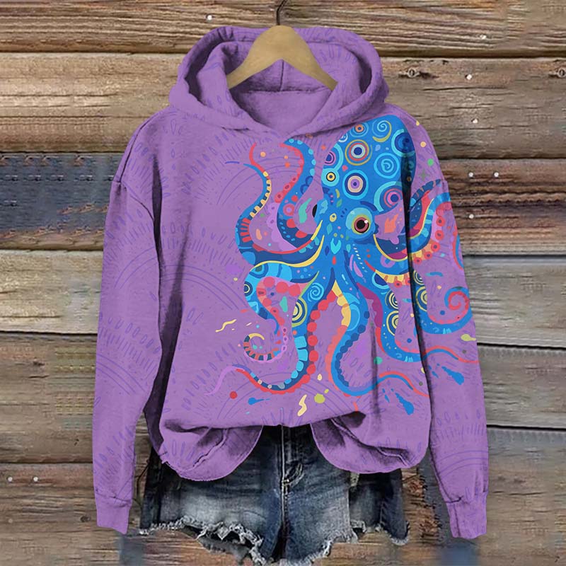 Funny Colorful Geometric Octopus Pattern Print Long Sleeve Hoodie - Purple - US44-46(8XL) - image 4