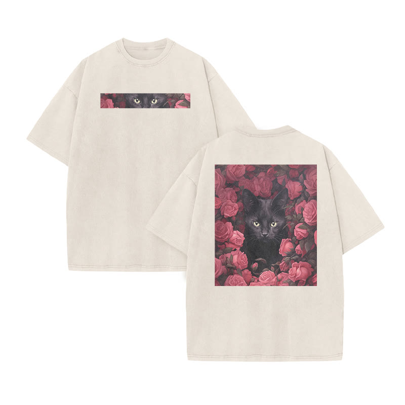 A Black Cat Hidden Among Clusters Of Magenta Roses Print Acid Washed T-shirt - Beige - US20-22(3XL) - image 4