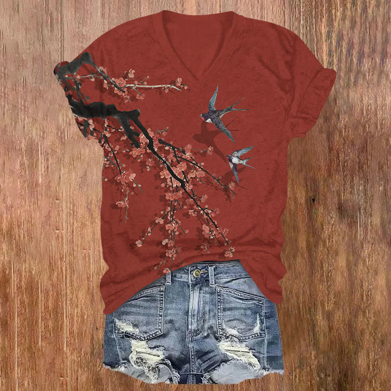 Vintage Japanese Sakura & Swallow Art Print V-neck T-shirt - Red - US32-34(5XL) - image 2