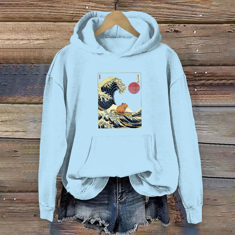 100% Cotton Funny Capybara Kanagawa Japanese Surfing Wave Print Women's Hoodie - Light Blue - 2XL - image 5