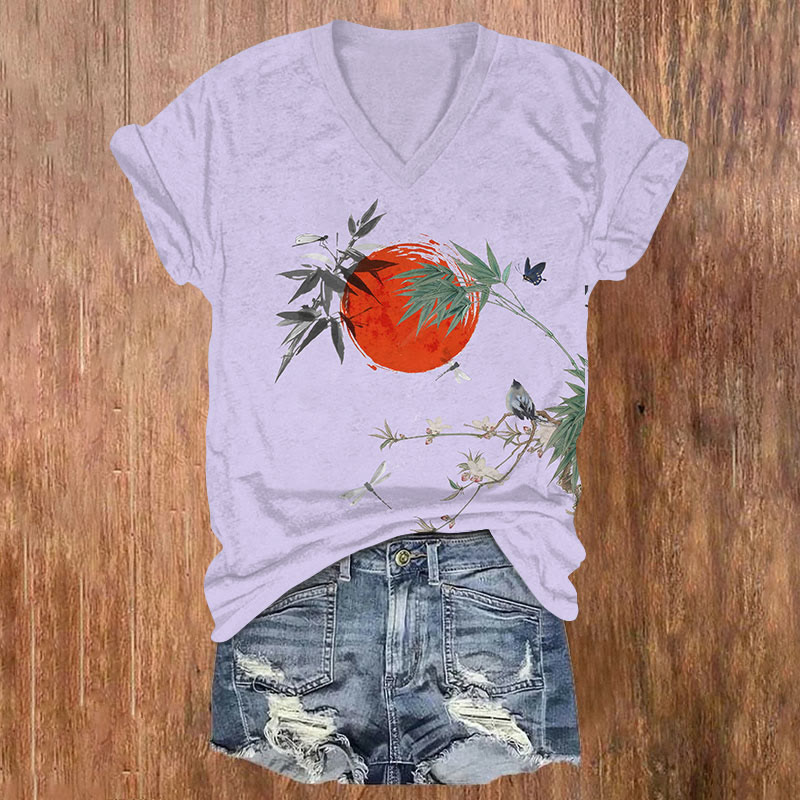 Japanese Vintage Sun & Bamboo Bird Art T-shirt - Purple - US32-34(5XL) - image 2