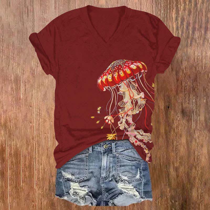 Japanese Creative Fantasy Jellyfish Art Print V-neck T-shirt - Red - US32-34(5XL) - image 6