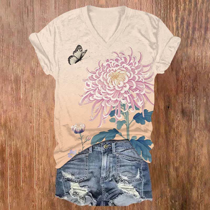 Japanese Vivid Pink Chrysanthemum Art Print V-neck T-shirt - Pink - US32-34(5XL) - image 3