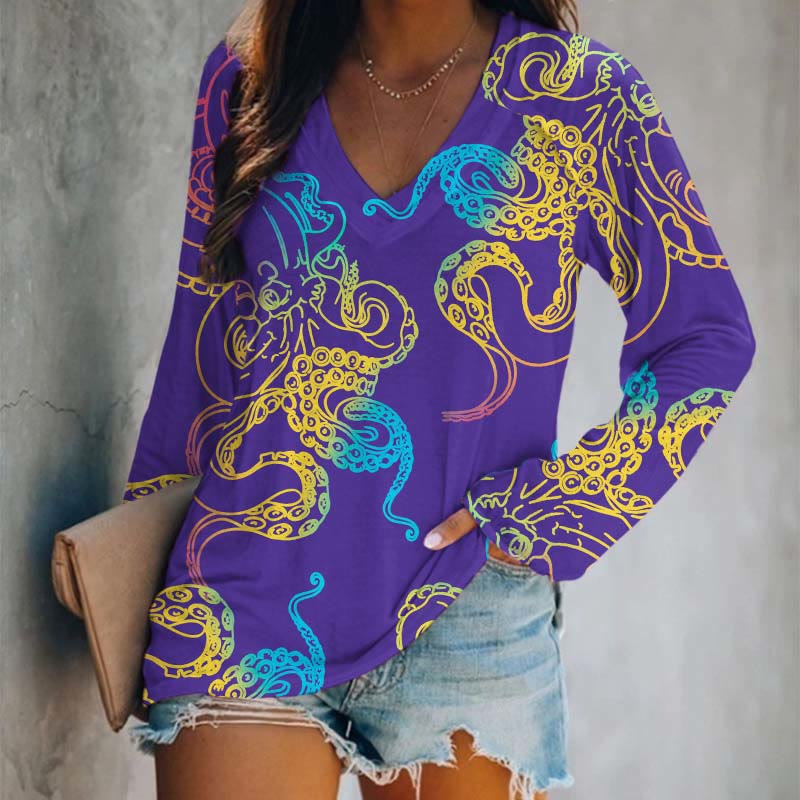 Japanese Abstract Color Painting Octopus Art Print Long Sleeve T-shirt - Purple - 5XL - image 4