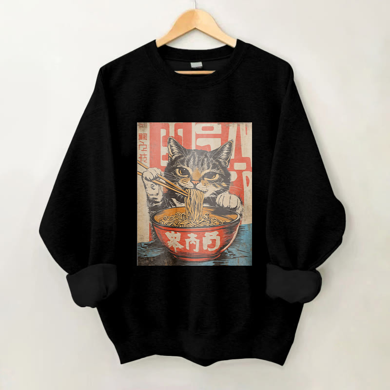 100% Cotton Japanese Cat Eating Ramen Print Crew Neck Sweatshirt - Black - 2XL - image 4
