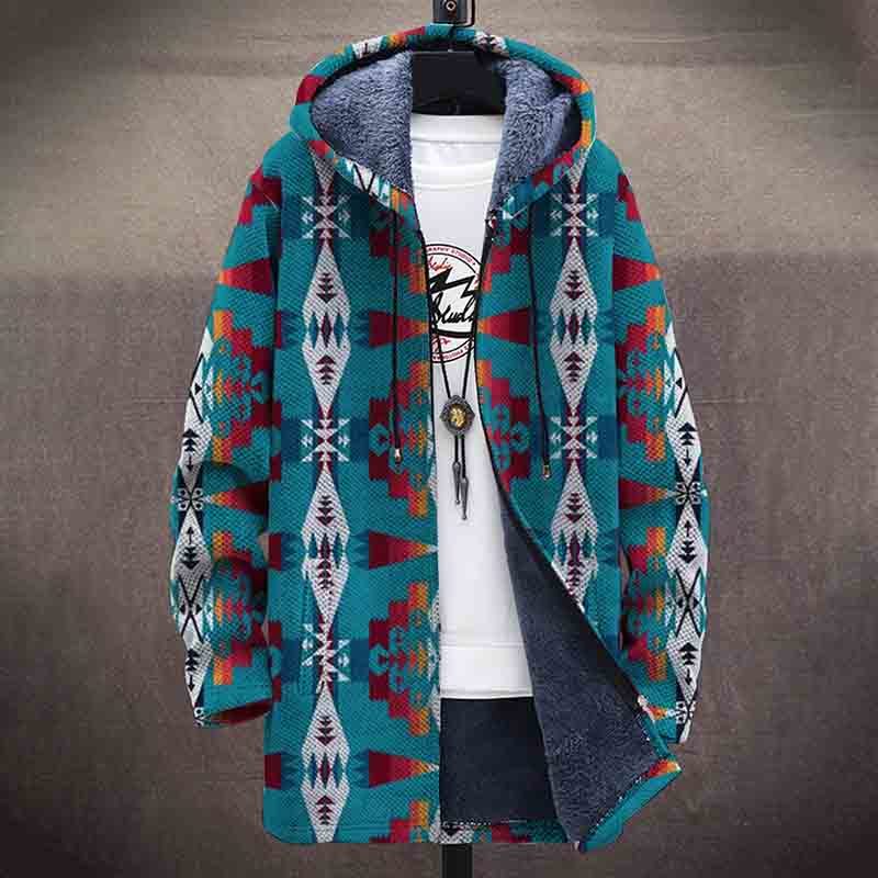 Darkcyan Traditional Folk Geometric Pattern Print Unisex Plush Thick Long-sleeved Fleece Jacket Coat - image 2