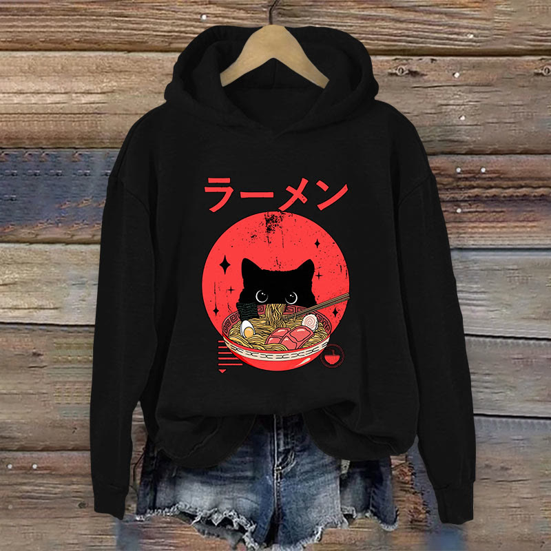 Japanese Cat Ramen Print Long Sleeve Hoodie - Black - 8XL - image 2