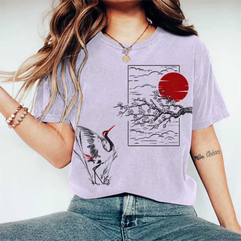 100% Cotton Women's Japanese Sun & Crane Art Print Casual T-shirt - Purple - 2XL - image 4
