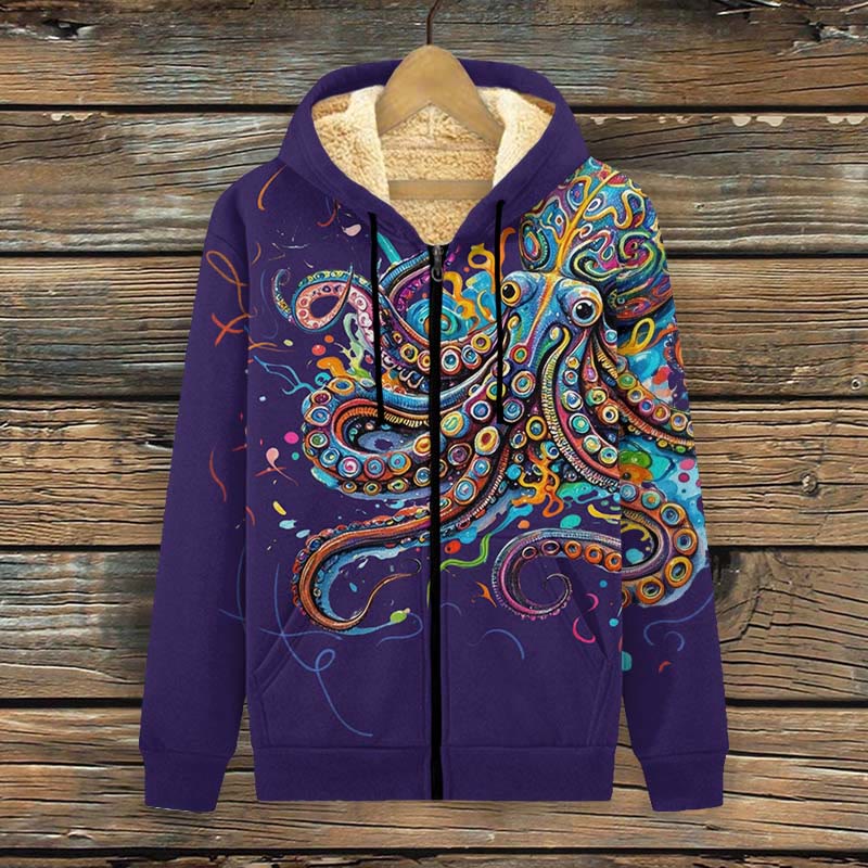 Vintage Rainbow Octopus Art Print Print Fleece Jacket - Purple - 4XL - image 2