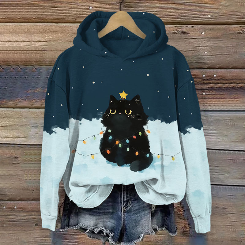 Black Cat Entangled With Colored Light Bulb Art Print Long Sleeve Hoodie - Dark Blue - US44-46(8XL) - image 3