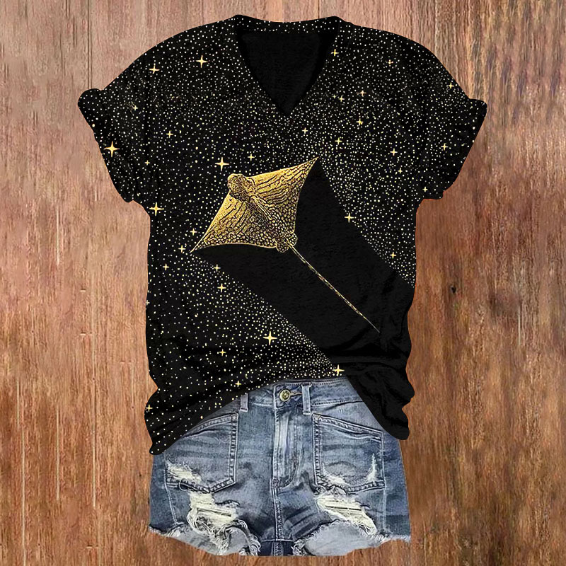 Starry Sky Manta Ray Print T-shirt - Black - 5XL - image 1