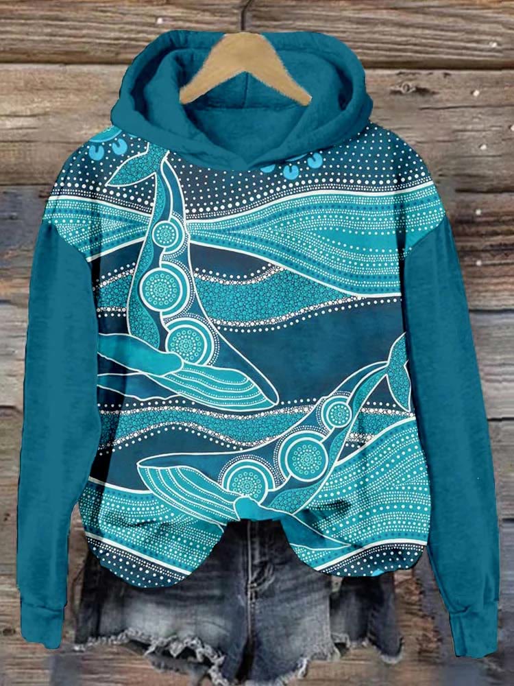 Whale Aboriginal Dot Art Graphic Comfy Hoodie - Blue - 8XL - image 1