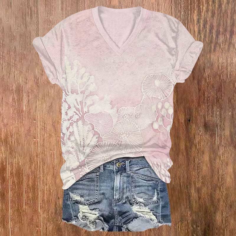 Vintage Transparent Sea Plants Print V-neck T-shirt - Pink - US32-34(5XL) - image 2