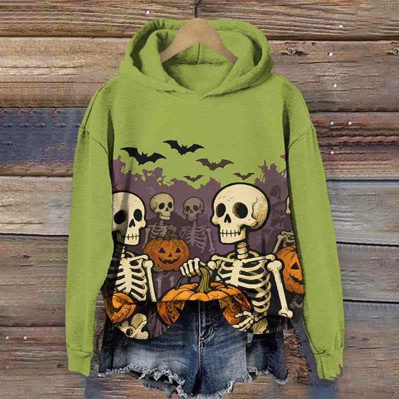 Halloween Skeleton Man Holding Pumpkin Print Long Sleeve Hoodie - Green - US44-46(8XL) - image 4