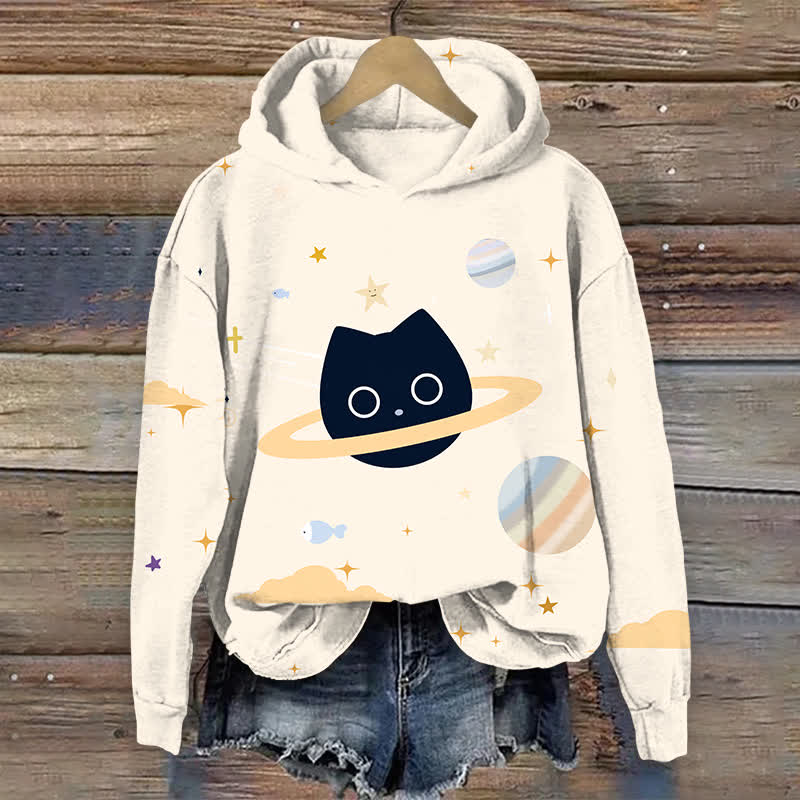 Funny Universe Black Cat Print Long Sleeve Hoodie - Beige - US44-46(8XL) - image 3